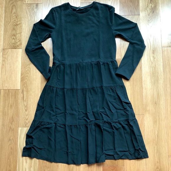 NWT Zara 100% Cotton Gray Green Ruffled Dress - Picture 6 of 7